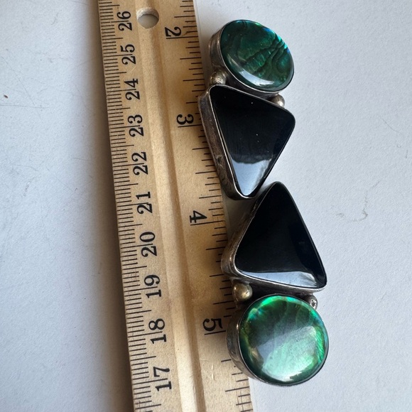 Elegant Sterling Silver Green Abalone and Black Onyx Clip Earrings 26.6g - Picture 8 of 15